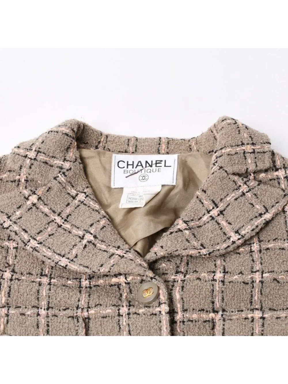 Chanel Tweed Tailored Jacket CC Logo Wool Khaki Pink Black